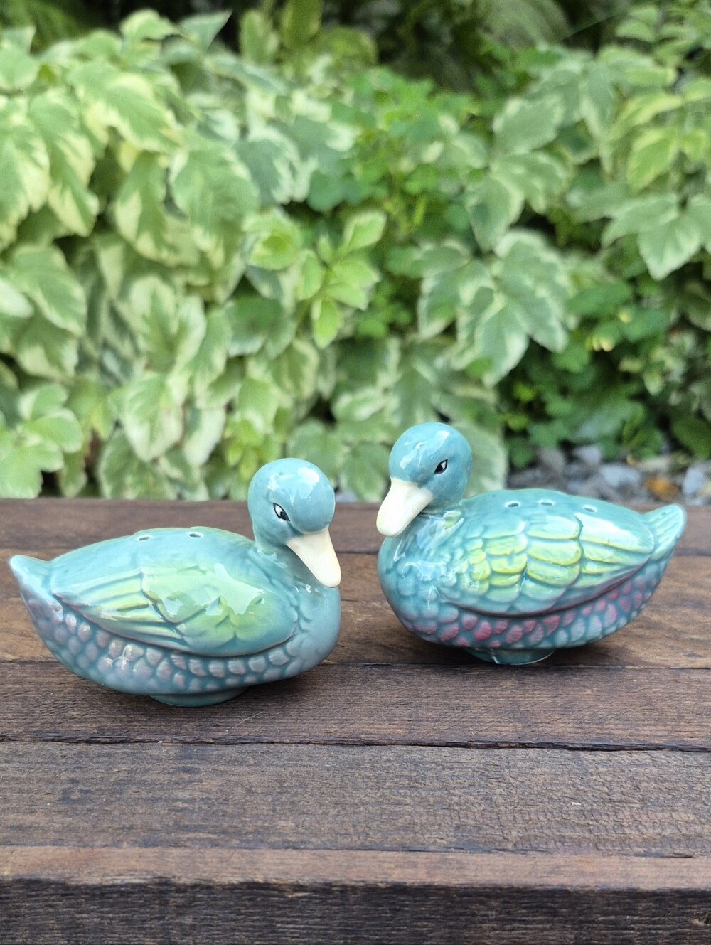 Vintage Blue-Green Ceramic Duck Salt and Pepper Shakers Set – Like New With Stop